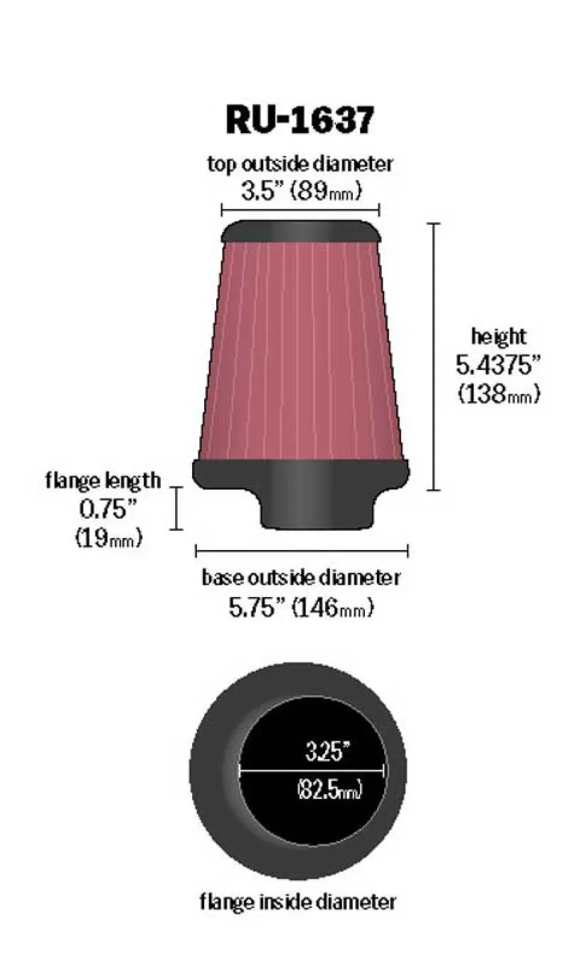 K&N KNNRU-1637 Universal Clamp-On Air Filter 3-1/4in FLG / 5-3/4in B / 3-1/2in T / 5-7/16in H №3