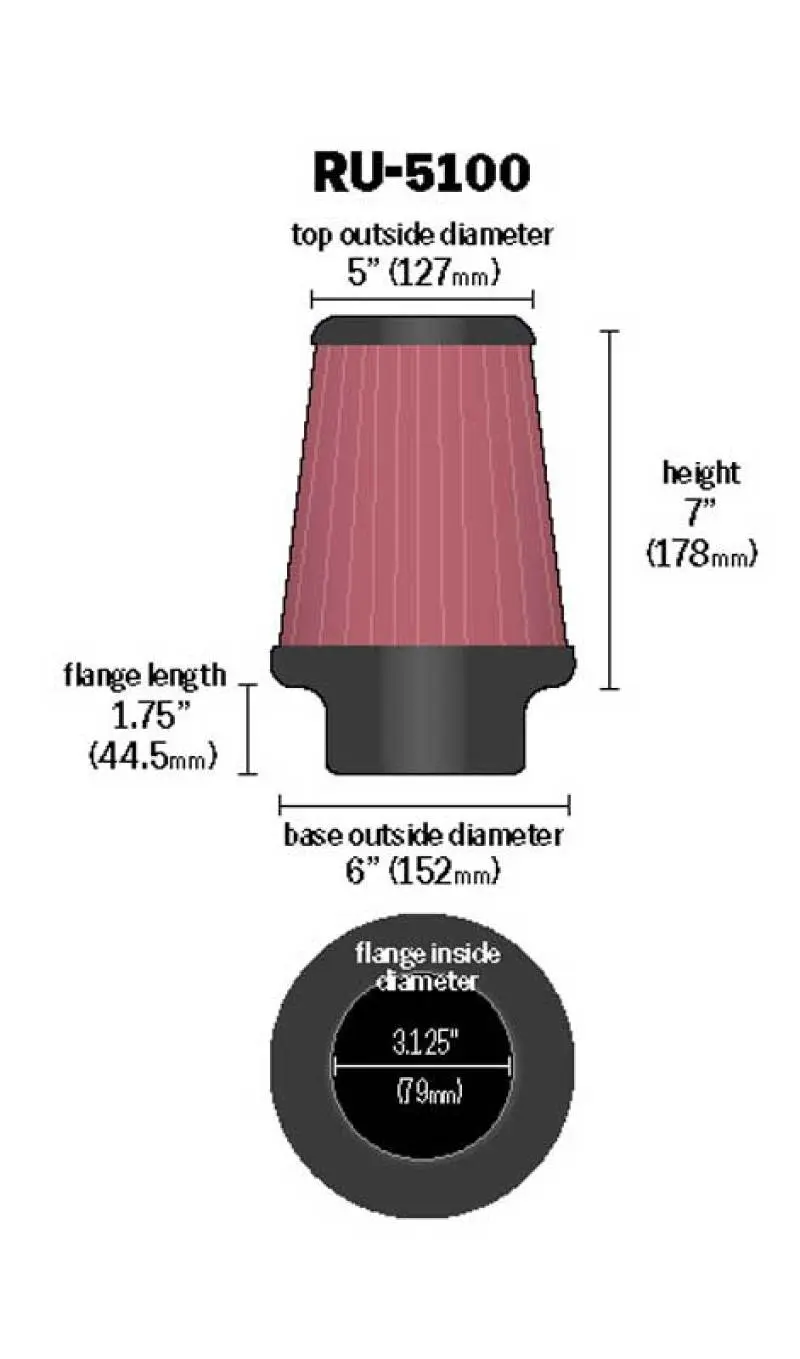 K&N KNNRU-5100 Universal Clamp-On Air Filter 3-1/8in FLG / 6in B / 5in T / 7in H №6