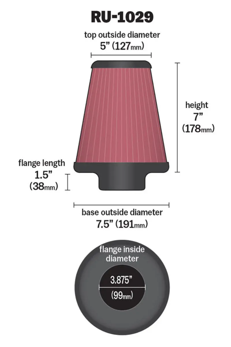 K&N KNNRU-1029 Universal Clamp-On Air Filter 3-7/8in FLG / 7-1/2in B / 5in T / 7in H №3