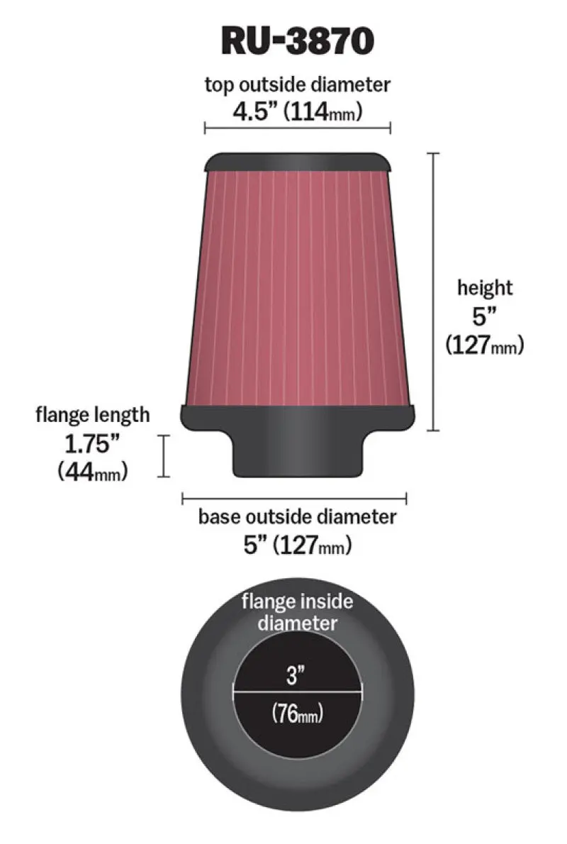 K&N KNNRU-3870 Universal Clamp-On Air Filter 3in FLG / 5in B / 4-1/2in T / 5in H №7