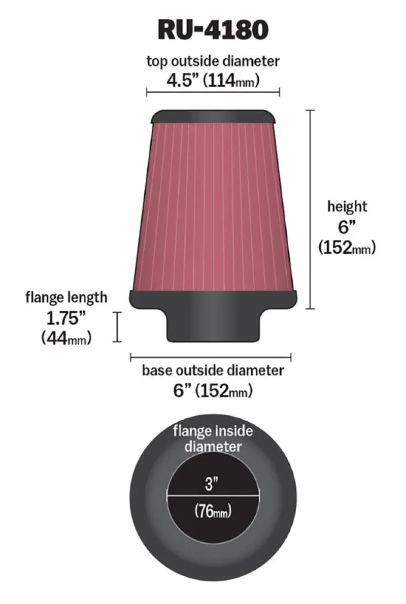 K&N KNNRU-4180 Universal Clamp-On Air Filter 3in FLG / 6in B / 4-1/2in T / 6in H №10