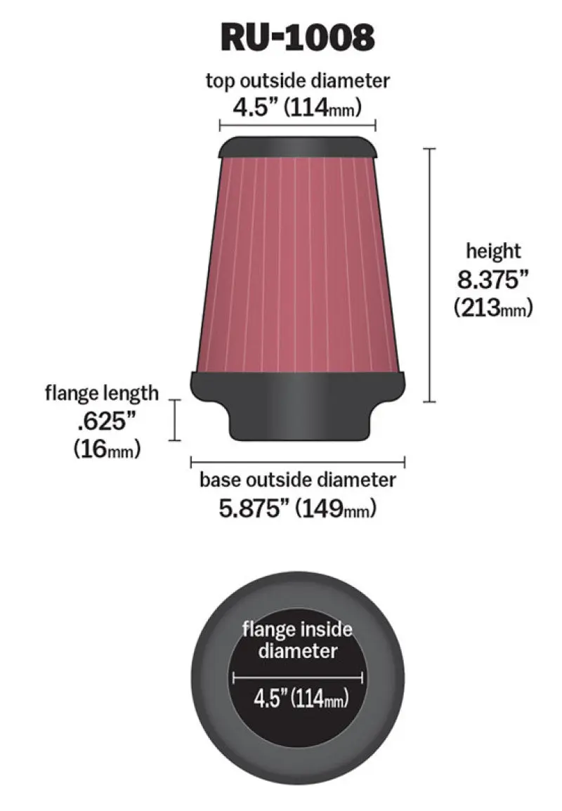 K&N KNNRU-1008 Universal Clamp-On Air Filter 4-1/2in FLG / 5-7/8in B / 4-1/2in T / 8-3/8in H №9