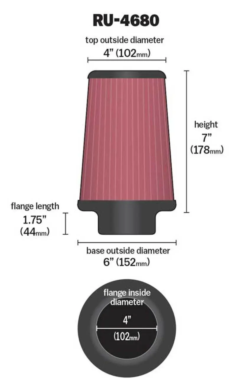 K&N KNNRU-4680 Universal Clamp-On Air Filter 4in FLG / 6in B / 4in T / 7in H №3