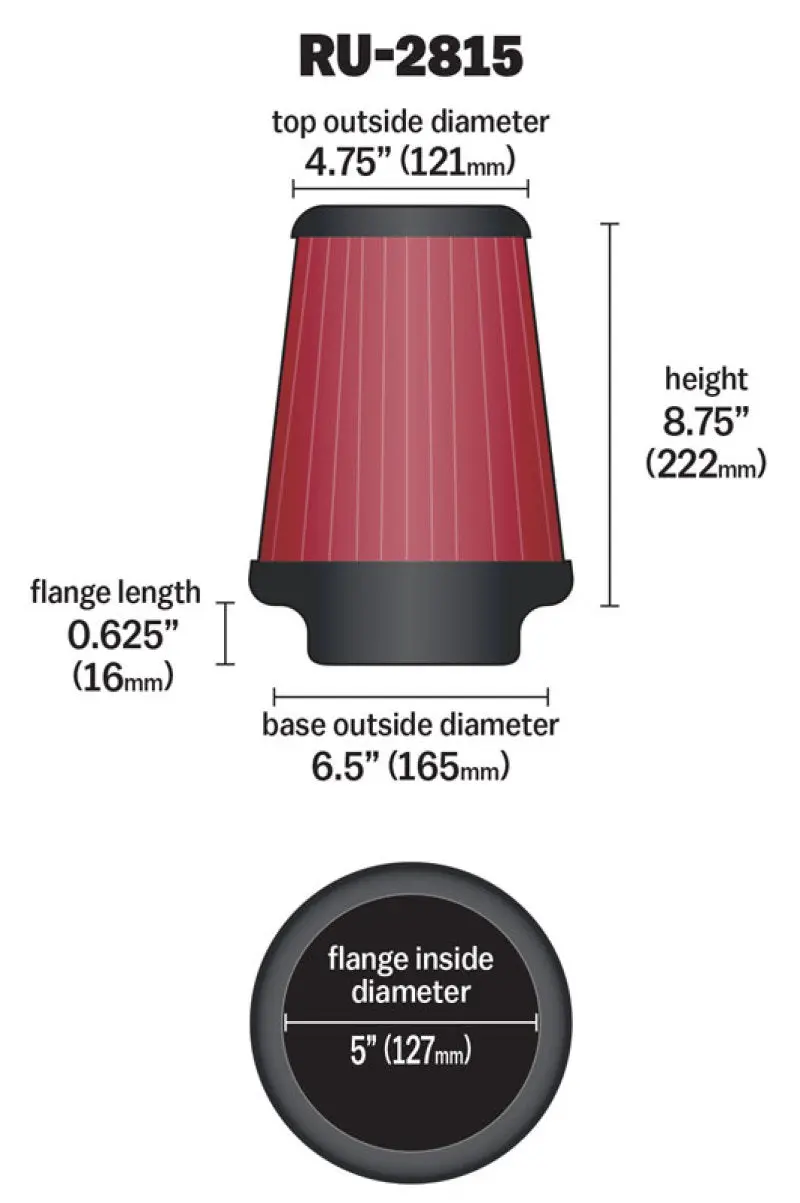 K&N KNNRU-2815 Universal Clamp-On Air Filter 5in FLG / 6-1/2in B / 4-3/8in T / 8-3/4in H №15