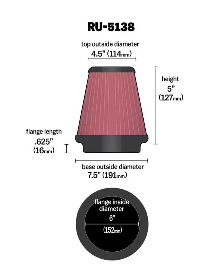 K&N KNNRU-5138 Universal Clamp-On Air Filter 6in FLG / 7-1/2in B / 4-1/2in T / 5in H №12