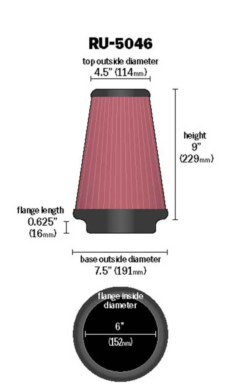 K&N KNNRU-5046 Universal Clamp-On Air Filter 6in FLG / 7-1/2in B / 4-1/2in T / 9in H №4