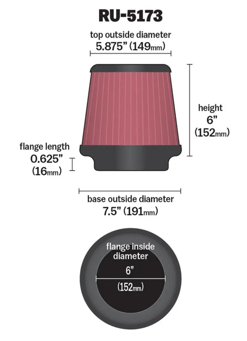 K&N KNNRU-5173 Universal Clamp-On Air Filter 6in FLG / 7-1/2in B / 5-7/8in T / 6in H №10