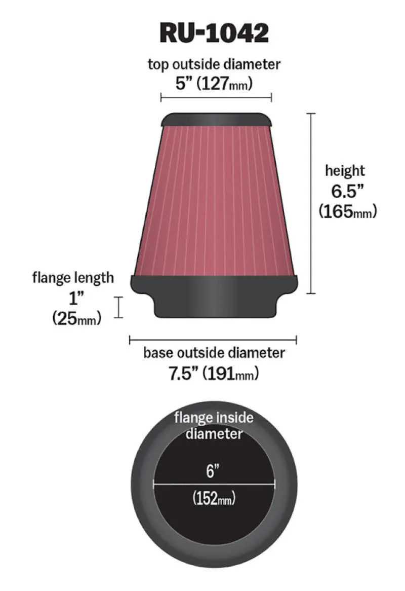 K&N KNNRU-1042 Universal Clamp-On Air Filter 6in FLG / 7-1/2in B / 5in T / 6-1/2in H №12