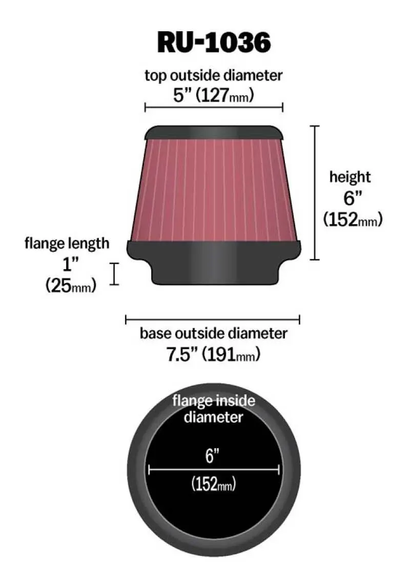 K&N KNNRU-1036 Universal Clamp-On Air Filter 6in FLG / 7-1/2in B / 5in T / 6in H №4