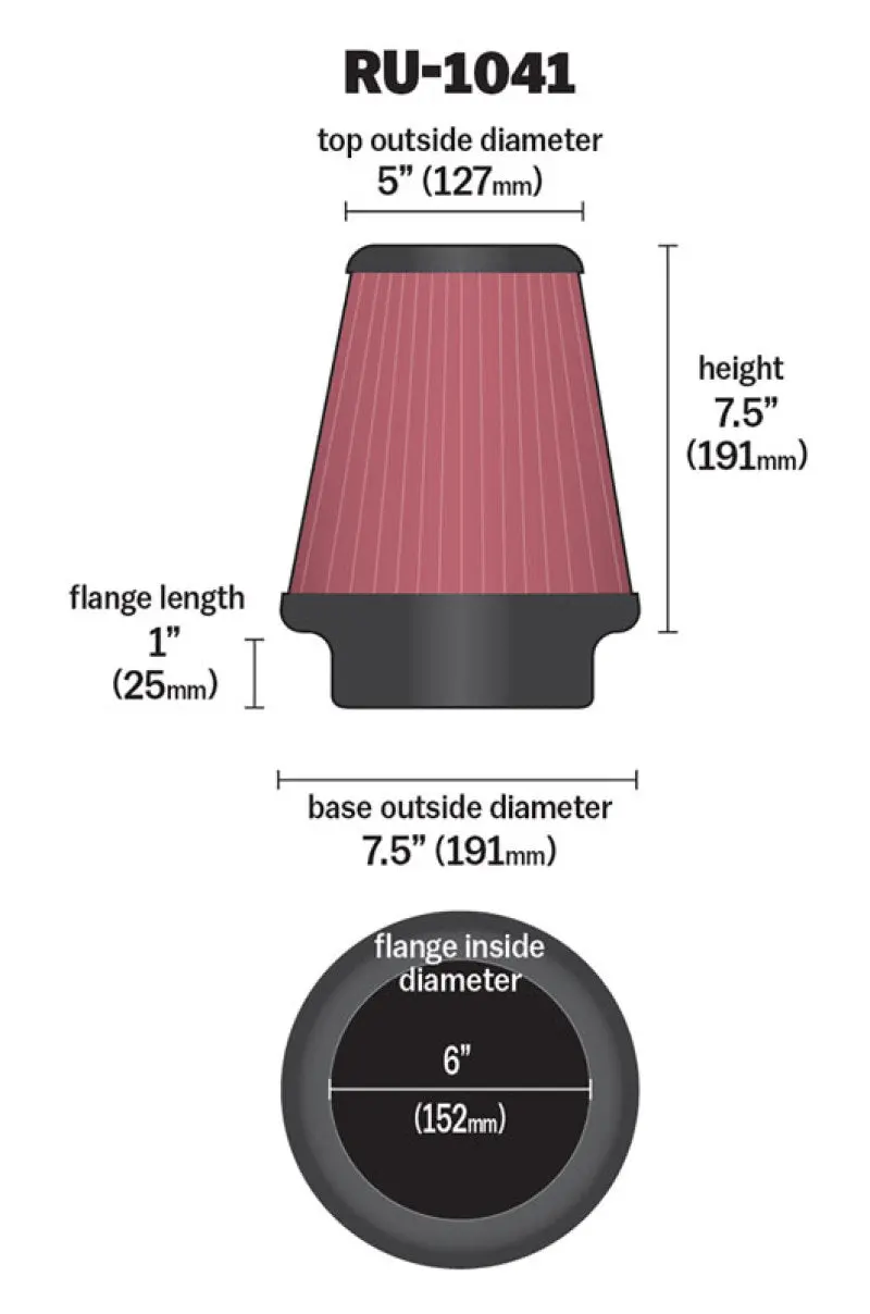 K&N KNNRU-1041 Universal Clamp-On Air Filter 6in FLG / 7-1/2in B / 5in T / 7-1/2in H №12