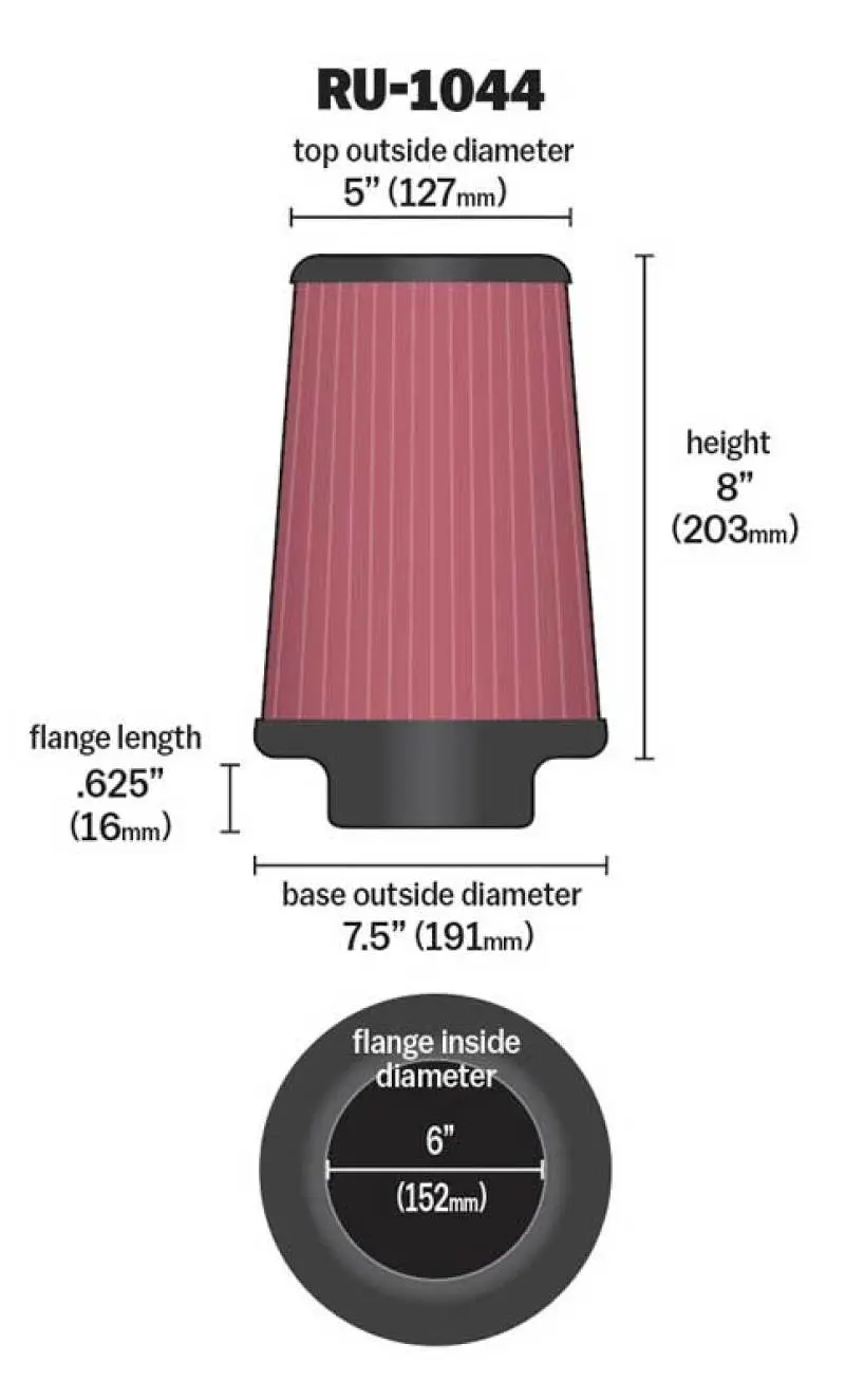 K&N KNNRU-1044 Universal Clamp-On Air Filter 6in FLG / 7-1/2in B / 5in T / 8in H №3