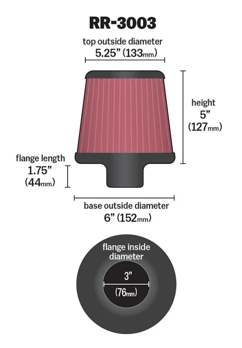 K&N KNNRR-3003 Universal Filter 3 Inch Flange 6 Inch Base 5 1/4 Inch Top 5 Inch Height W/ Polished Top №3