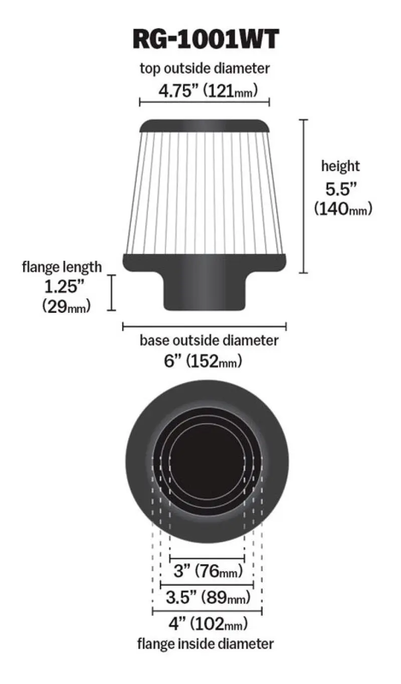 K&N KNNRG-1001WT Universal Filter Chrome Round Tapered White - 4in Flange ID X 1.125in Flange Length X 5.5in H №16