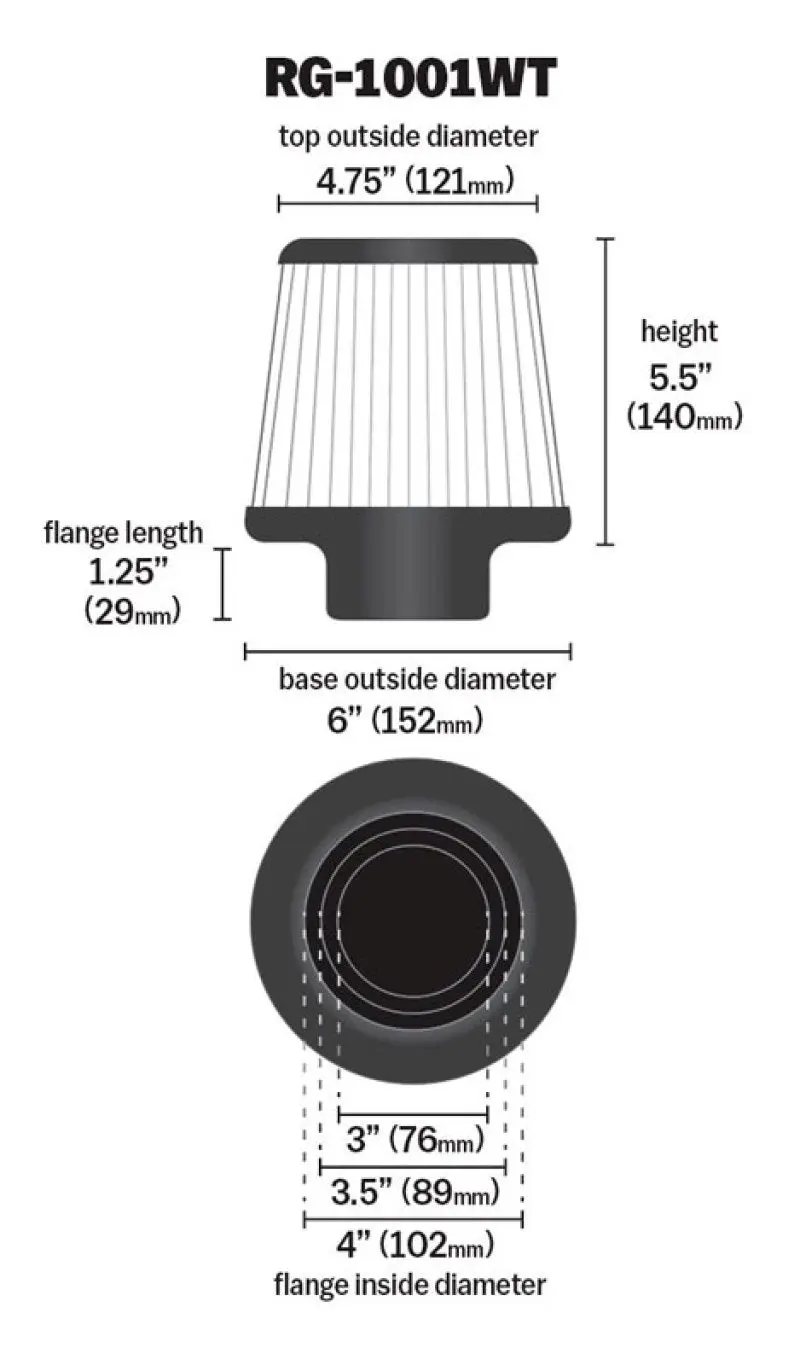 K&N KNNRG-1001WT Universal Filter Chrome Round Tapered White - 4in Flange ID X 1.125in Flange Length X 5.5in H №6