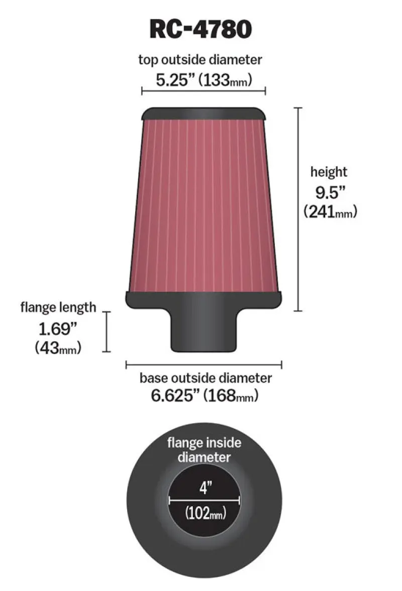 K&N KNNRC-4780 Universal Filter Round Tapered 4in FlangeID / 6.625in Base OD / 5.25in Top OD / 9.5in Height №5