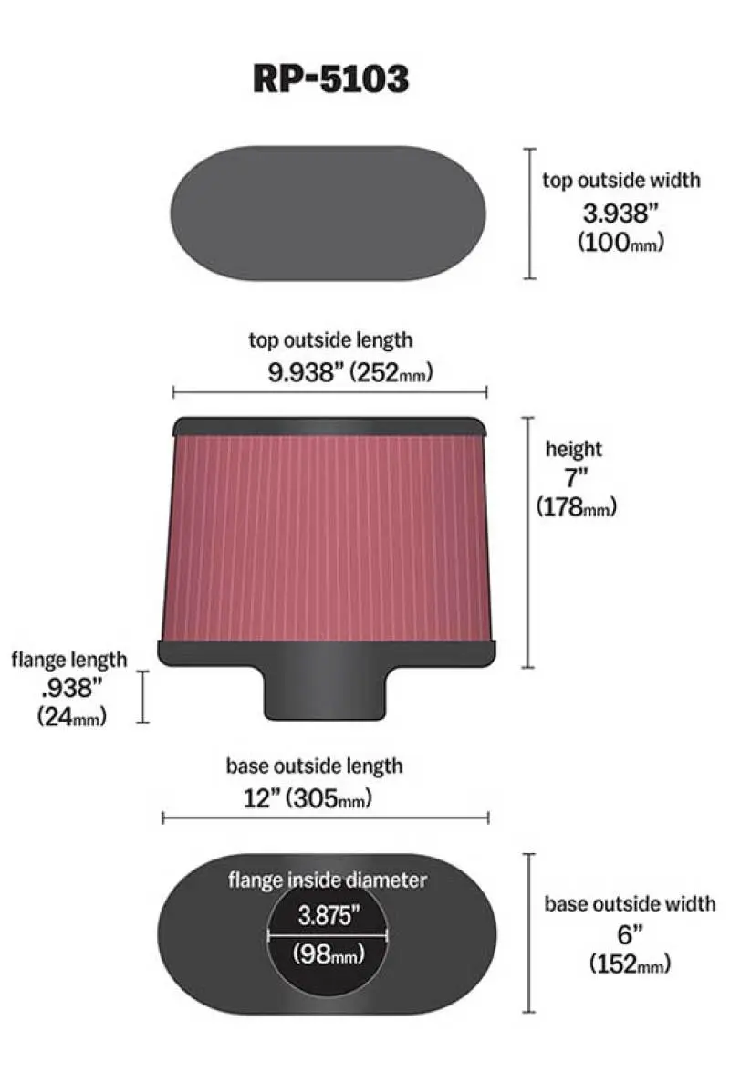 K&N KNNRP-5103 Universal Filter With Carbon Fiber Top & Base-12in Base O/S Length X 6in Base O/S Width X 7in H №11