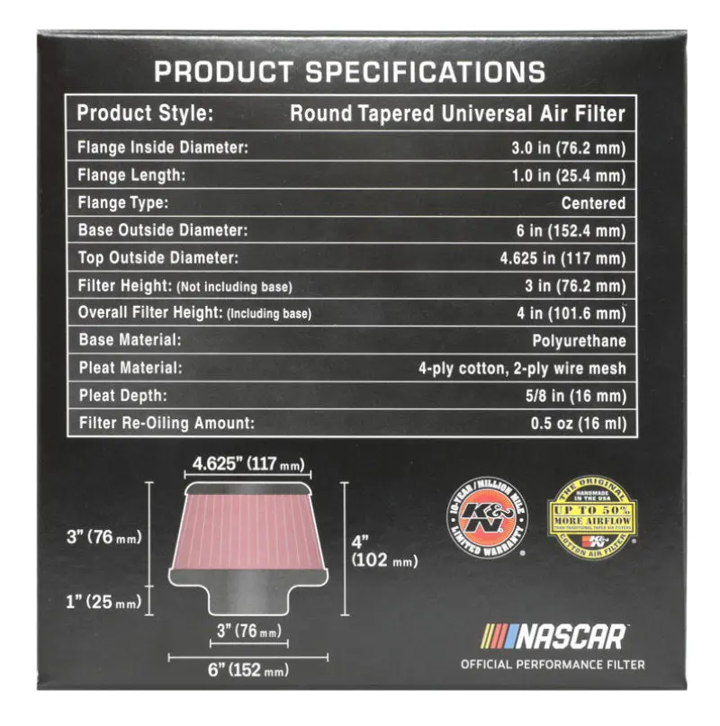 K&N KNNRU-5288 Universal Round Clamp-On Air Filter 3in Flange ID X 6in Base OD X 4.625in Top OD X 3in Height №12