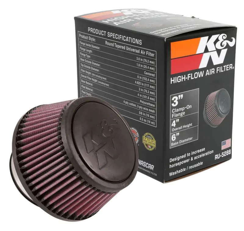 K&N KNNRU-5288 Universal Round Clamp-On Air Filter 3in Flange ID X 6in Base OD X 4.625in Top OD X 3in Height №13