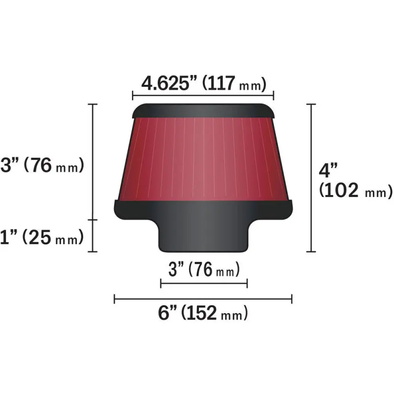 K&N KNNRU-5288 Universal Round Clamp-On Air Filter 3in Flange ID X 6in Base OD X 4.625in Top OD X 3in Height №28