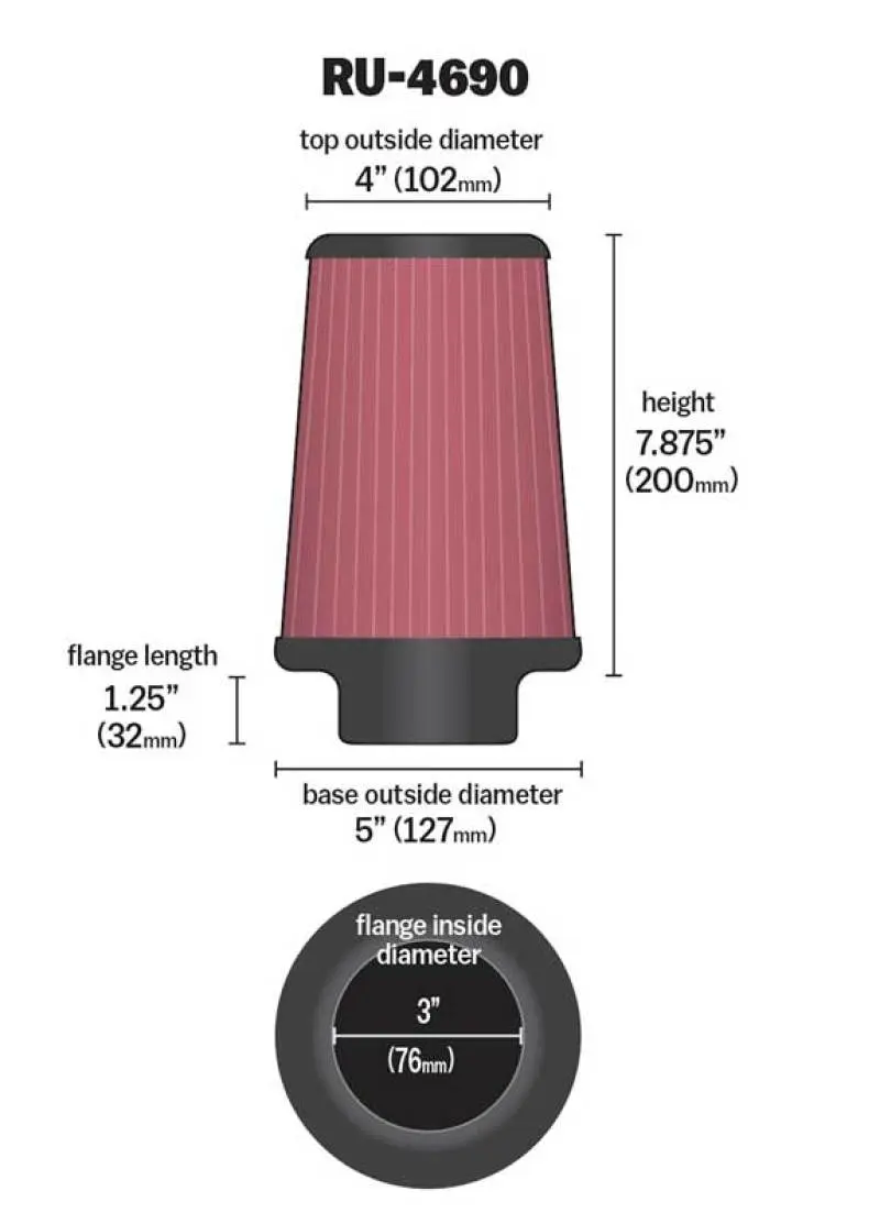 K&N KNNRU-4690 Universal Round Tapered Filter 3 Inch FLG / 5 Inch Bottom / 4 Inch Top / 7 7/8 Inch Height №10