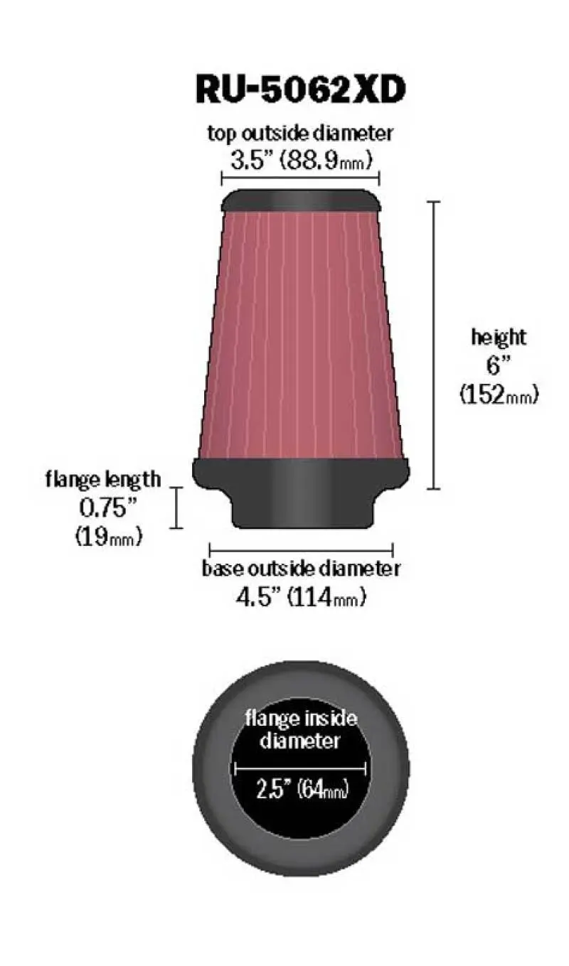 K&N KNNRU-5062XD Universal Rubber Filter 2-1/2in Flg / 4-1/2in OD B / 3-1/2in OD T / 6in H - Black Top №9