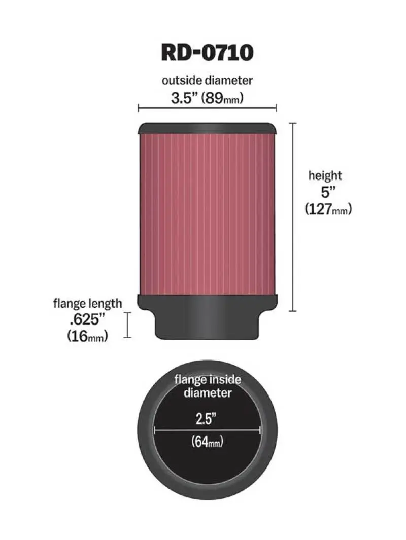 K&N KNNRD-0710 Universal Rubber Filter 2.5in Flange ID X 3.5in OD X 5in Height