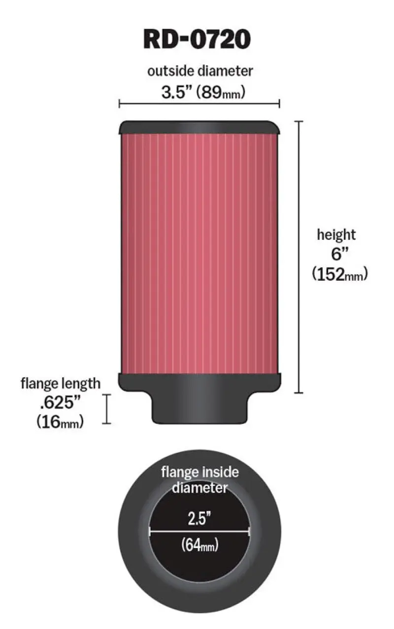 K&N KNNRD-0720 Universal Rubber Filter 2.5in Flange ID X 3.5in OD X 6in Height №3