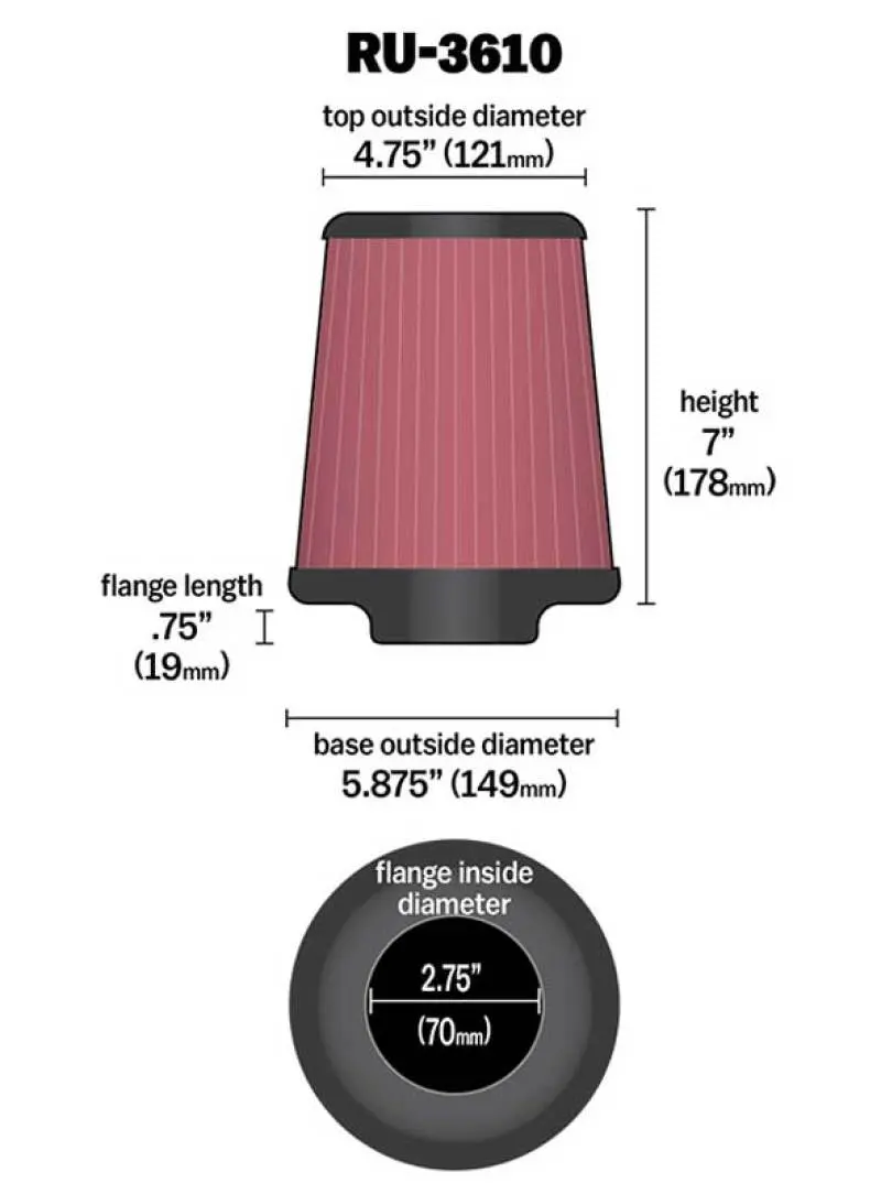 K&N KNNRU-3610 Universal Rubber Filter 2.75in Flange ID X 5.875in Base OD X 4.75in Top OD X 7in Height №10