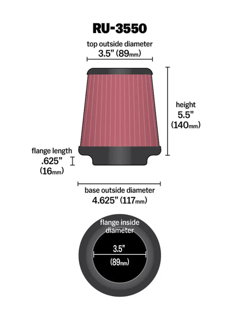 K&N KNNRU-3550 Universal Rubber Filter 3 1/2 Inch FLG / 4 5/8 Inch Base / 3-1/2 Inch Top / 5 1/2 Inch Height №1