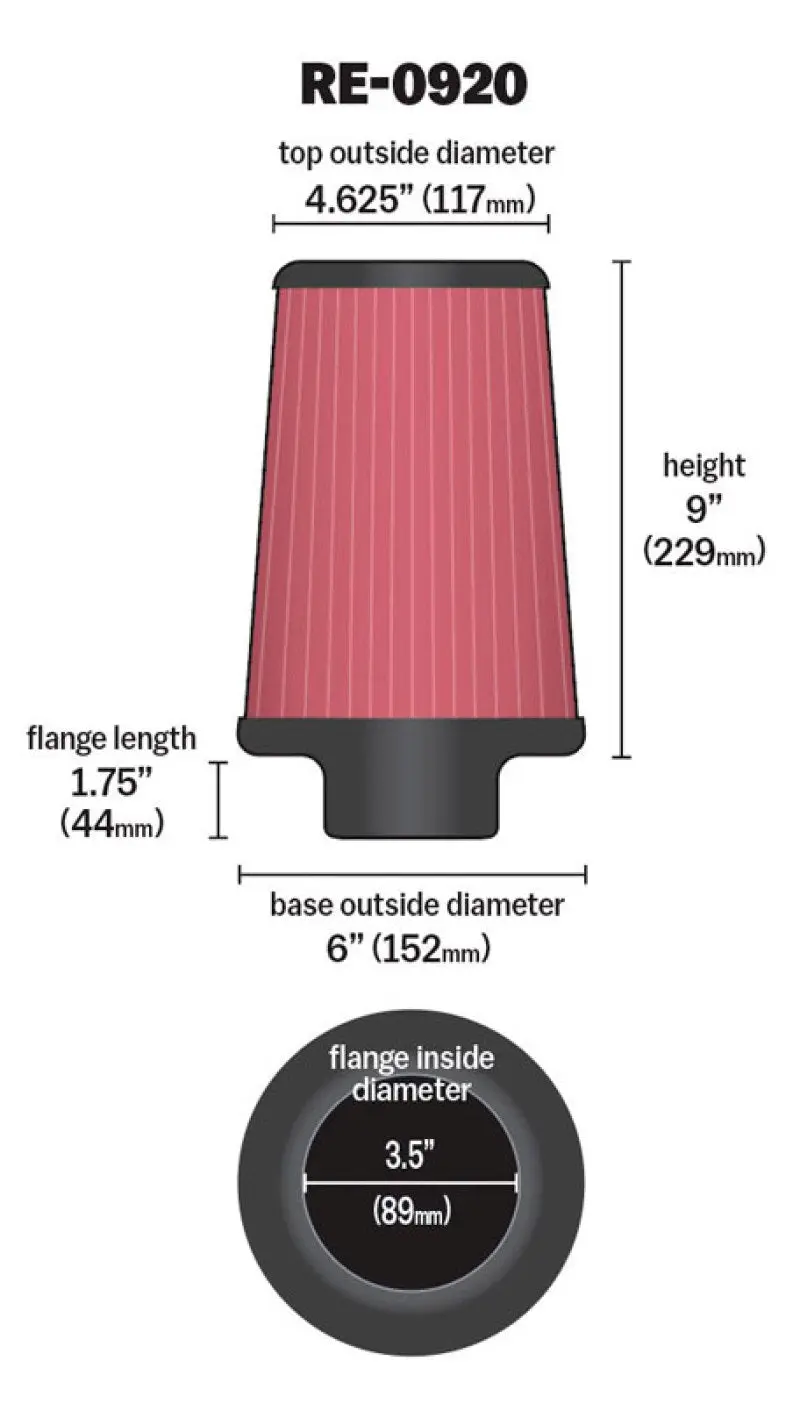 K&N KNNRE-0920 Universal Rubber Filter 3 1/2inch ID FLG / 6inch Base / 4-5/8inch Top / 9inch Height №14