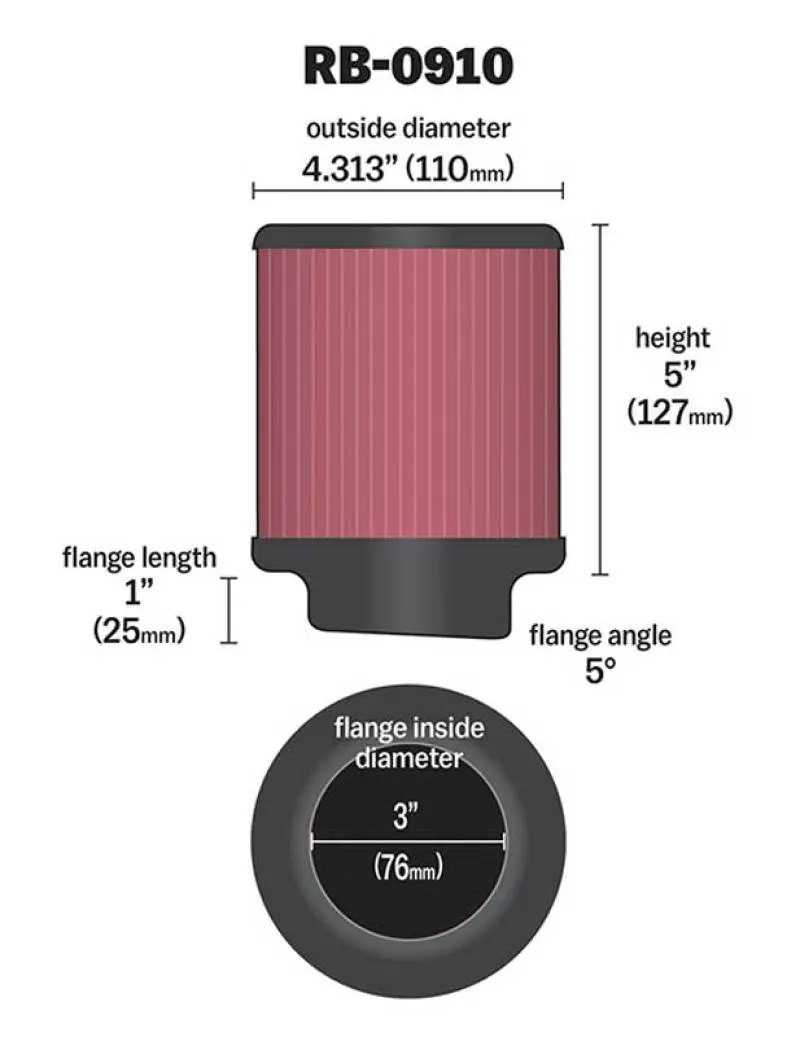 K&N KNNRB-0910 Universal Rubber Filter 3 Inch 5 Degree FLG 4 1/2 Inch OD 5 Inch Height №17