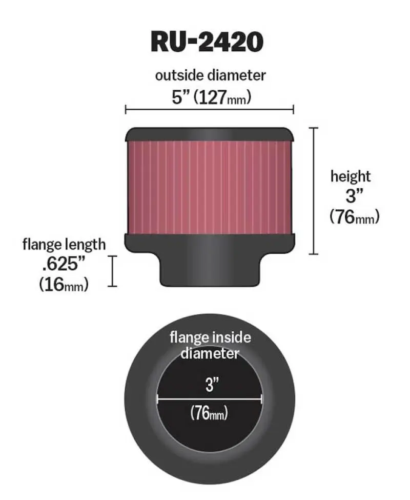 K&N KNNRU-2420 Universal Rubber Filter 3 Inch Flange 5 Inch OD 3 Inch Height №12