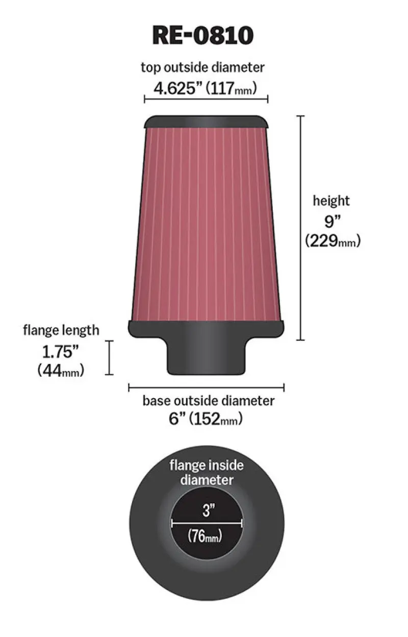 K&N KNNRE-0810 Universal Rubber Filter 3inch FLG / 6inch OD-B / 4-5/8inch OD-T / 9inch L №1