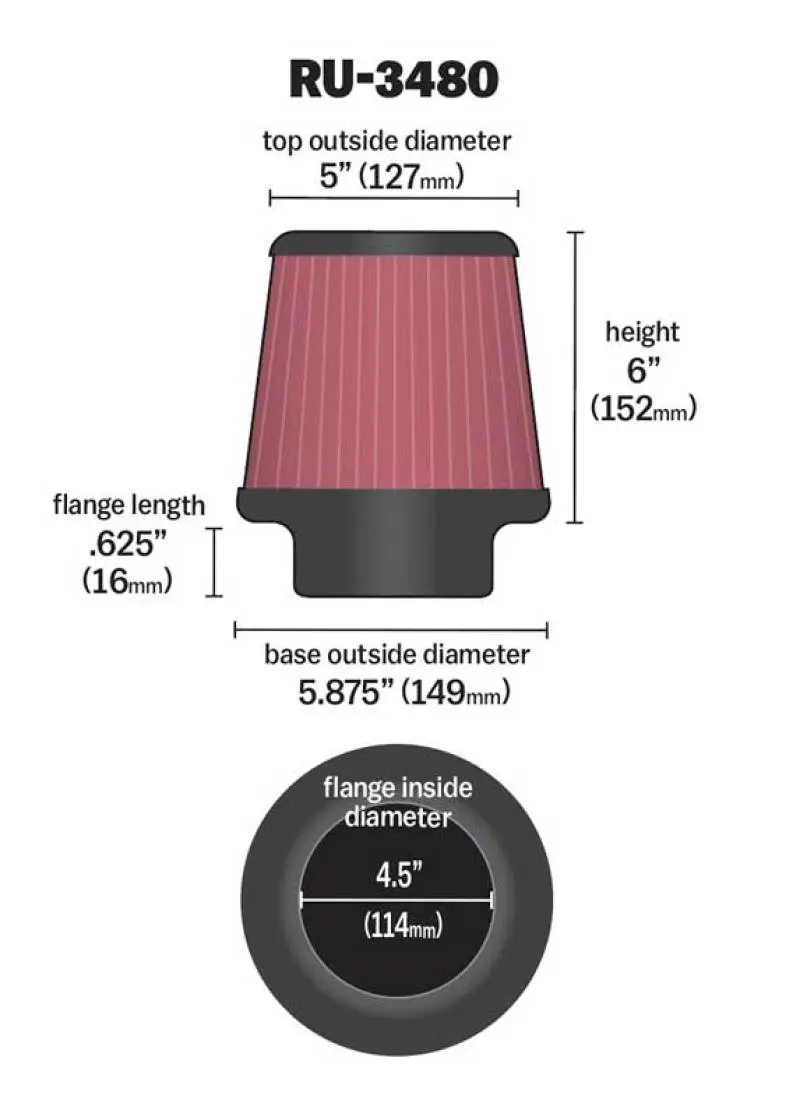 K&N KNNRU-3480 Universal Rubber Filter 4 1/2 Inch FLG / 5 7/8 Inch Base / 5 Inch Top / 6 Inch Height №1