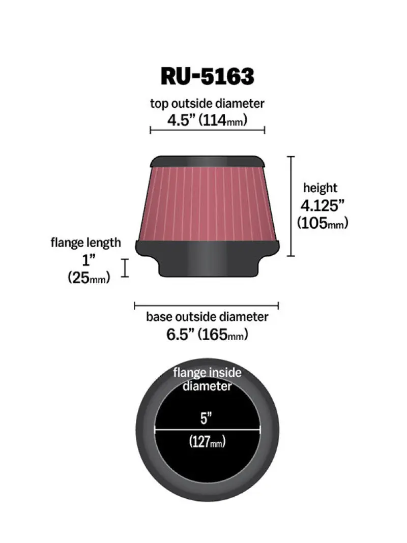 K&N KNNRU-5163 Universal Rubber Filter 5in Flange ID X 6.5in Base OD X 4.5in Top OD X 4.125in Height №15