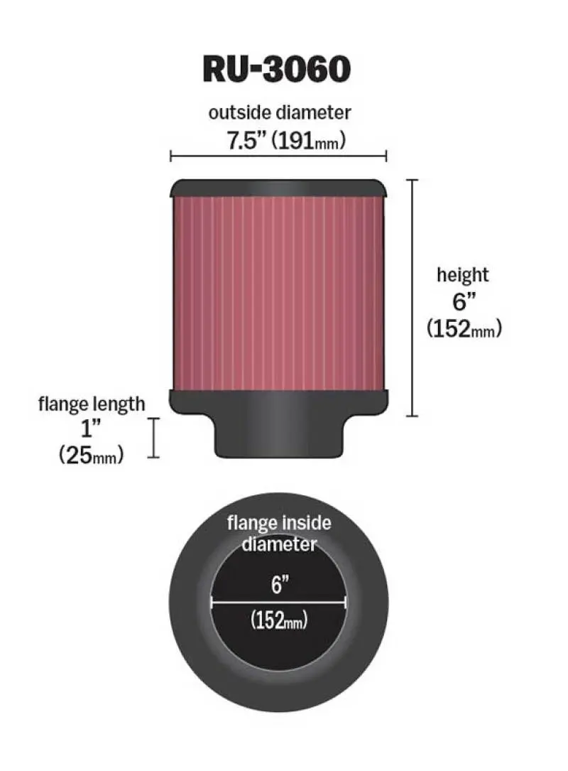 K&N KNNRU-3060 Universal Rubber Filter 6in FLange ID / 7.5in OD / 6in Height / Round Straight №13