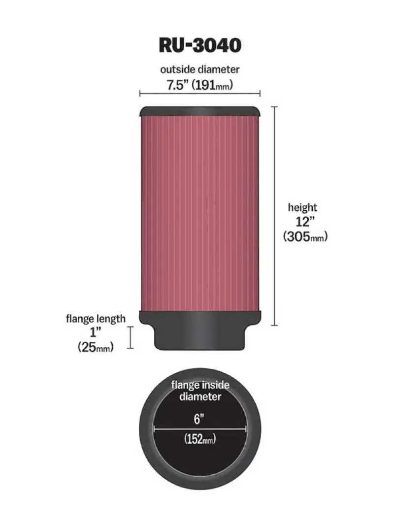 K&N KNNRU-3040 Universal Rubber Filter 6in ID 7.5in OD 12in H №6