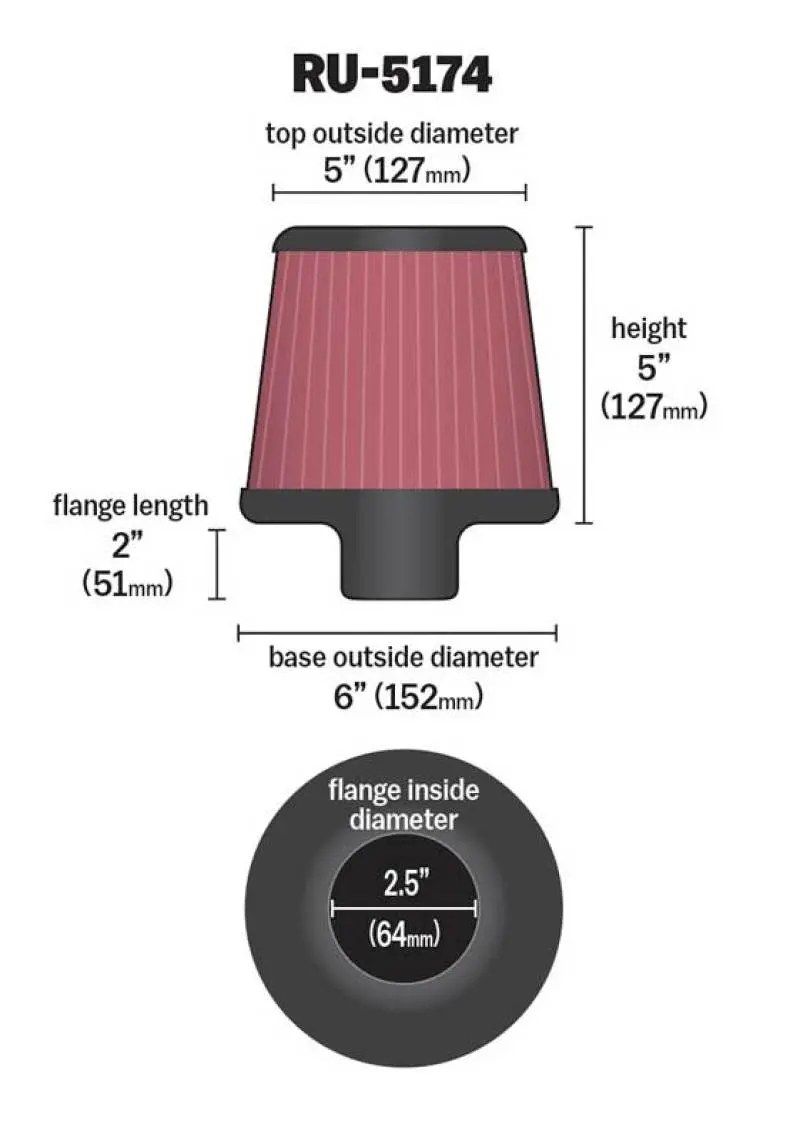 K&N KNNRU-5174 Universal Rubber Filter-Round Tapered 2.5in Flange ID X 6in Base OD X 5in Top OD X 5in Height №2