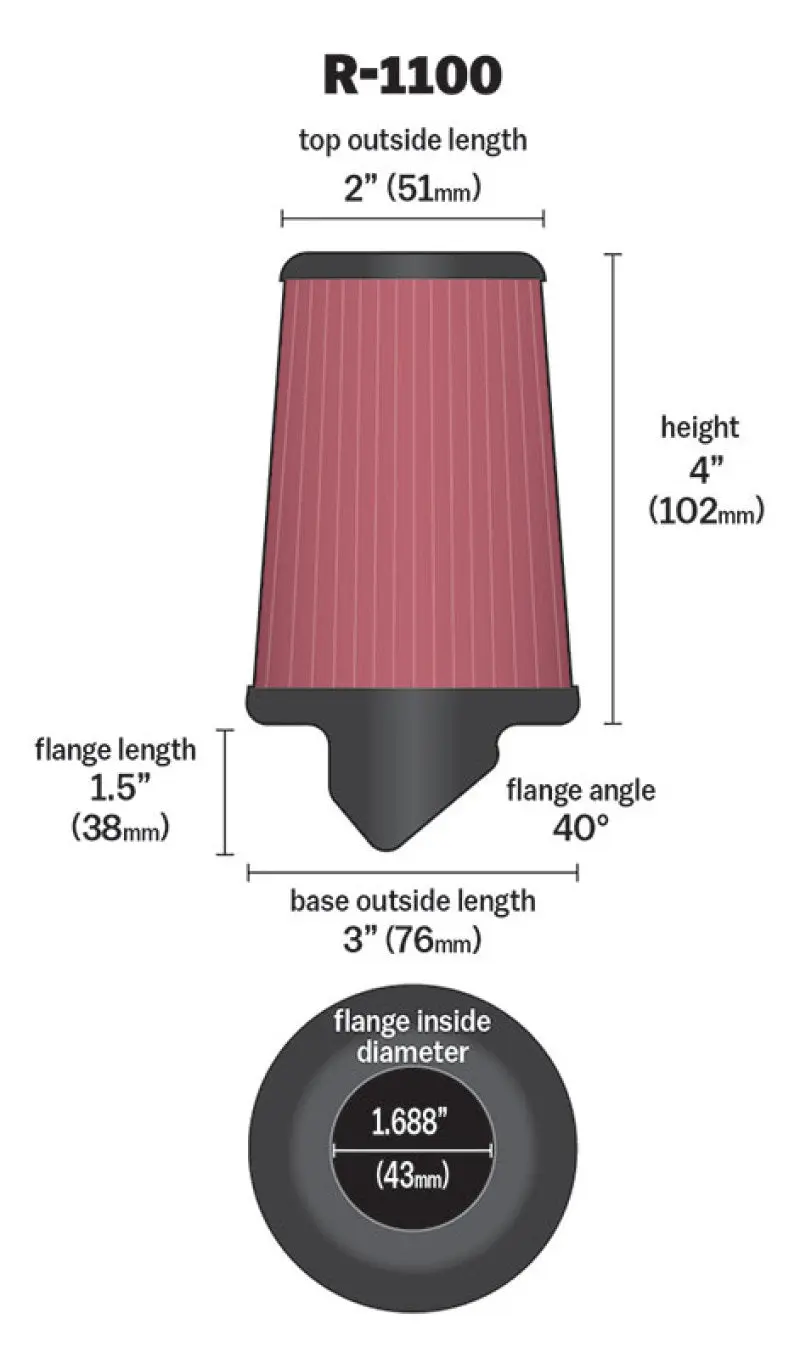 K&N KNNR-1100 Universal Rubber Filter Round Tapered 3in Base OD X 2in Top OD X 4in H - 73-78 Honda ATC90 №12