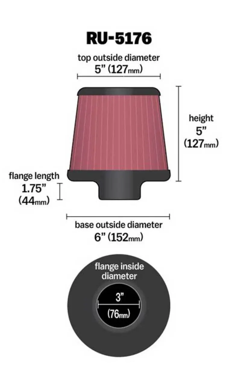 K&N KNNRU-5176 Universal Rubber Filter-Round Tapered 3in Flange ID X 6in Base OD X 6in Top OD X 5in H №5