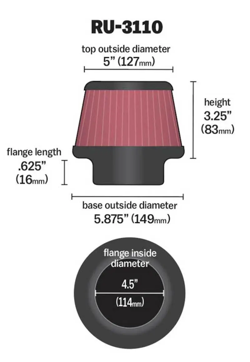 K&N KNNRU-3110 Universal Rubber Filter Round Tapered 4.5in Flange ID X 5.875 Base OD X 5in Top OD X 3.25in H №2