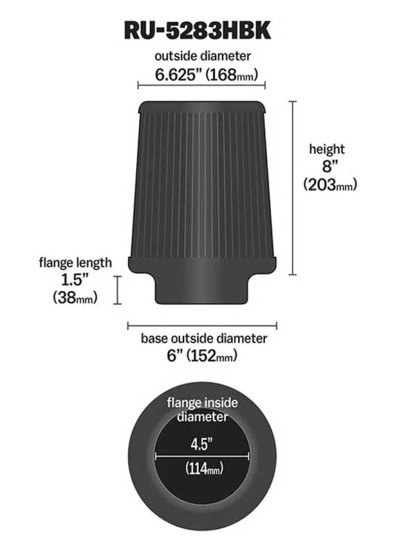 K&N KNNRU-5283HBK Universal Rubber Filter-Round Tapered 4.5in Flange ID X 8in Base OD X 6.625in Top OD X 8in H №4