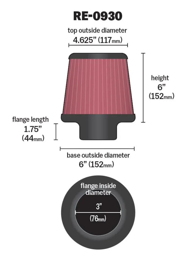 K&N KNNRE-0930 Universal Rubber Filter - Round Tapered 6in Base OD X 3in Flange ID X 6in H №15