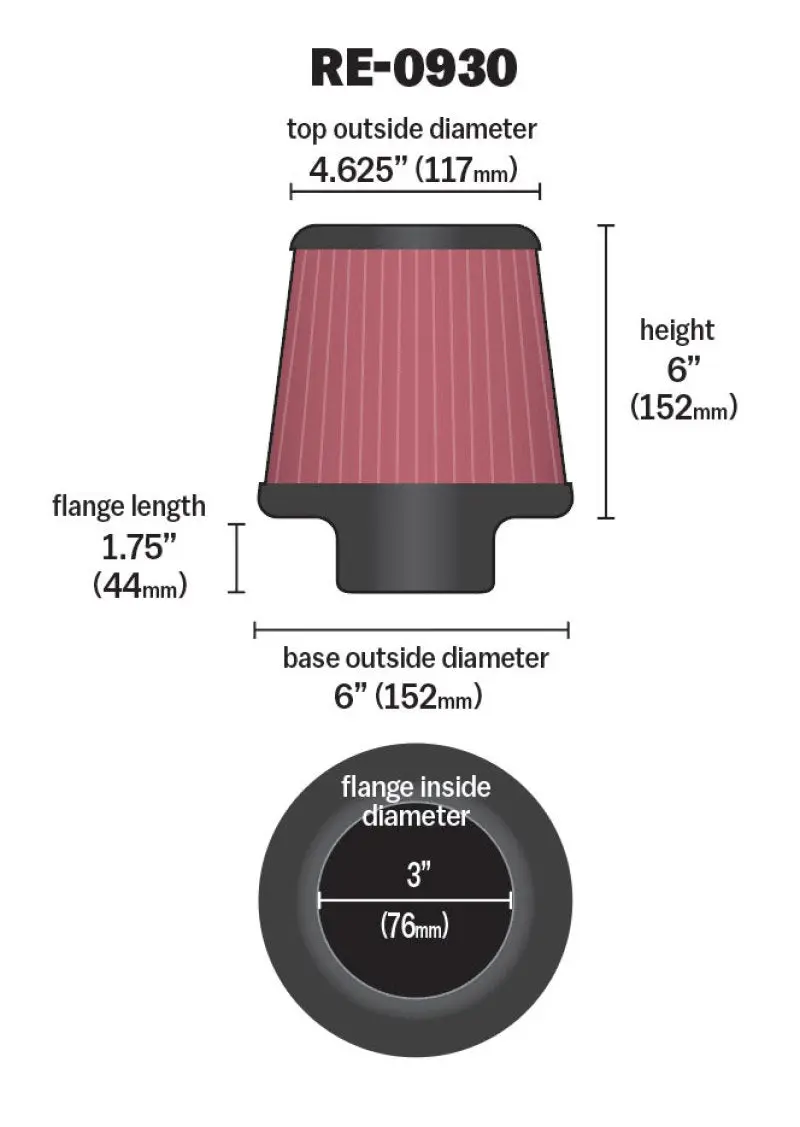 K&N KNNRE-0930 Universal Rubber Filter - Round Tapered 6in Base OD X 3in Flange ID X 6in H №5