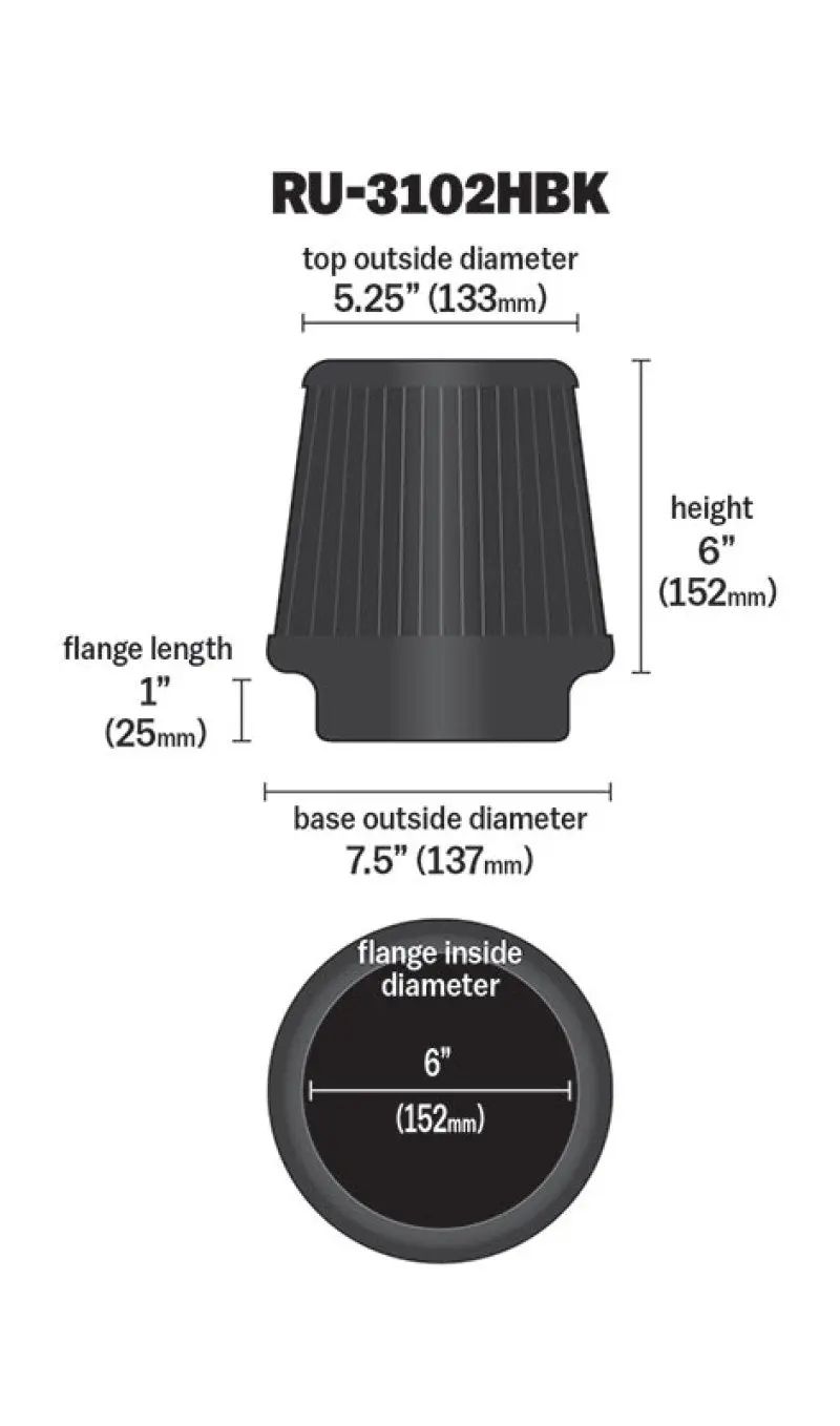 K&N KNNRU-3102HBK Universal Rubber Filter Round Tapered 6in Flange ID X 7.5in Base OD X 5.25in Top OD X 6in Height №13