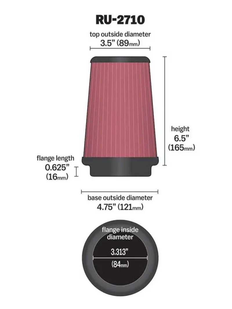 K&N KNNRU-2710 Universal Rubber Filter Round Tprd 3.313in Flange ID X 4.75in Base OD X 3.5in Top OD X 6.5in H №10