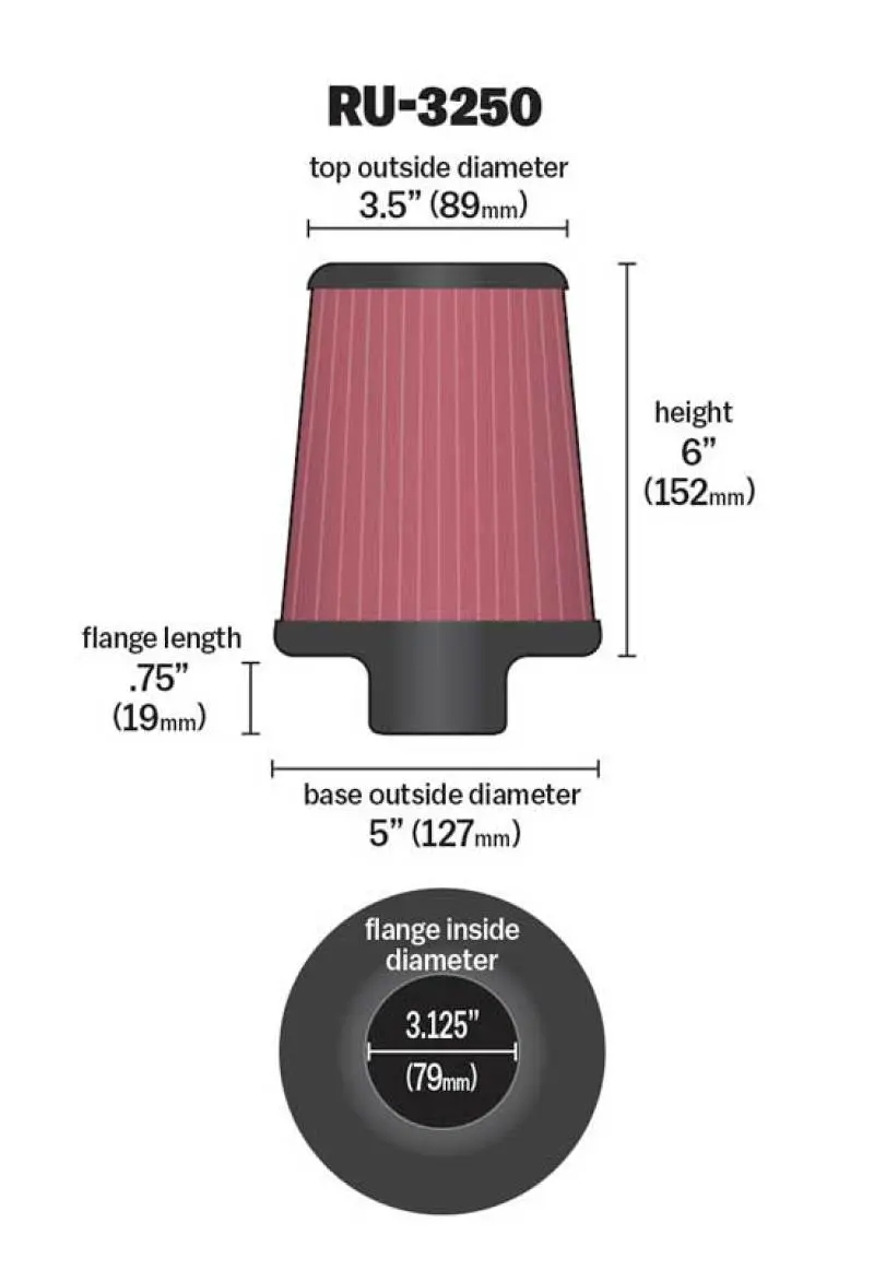 K&N KNNRU-3250 Universal Tapered Filter 3.125in Flange ID X 5in Base OD X 3.5in Top OD X 6in Height №6