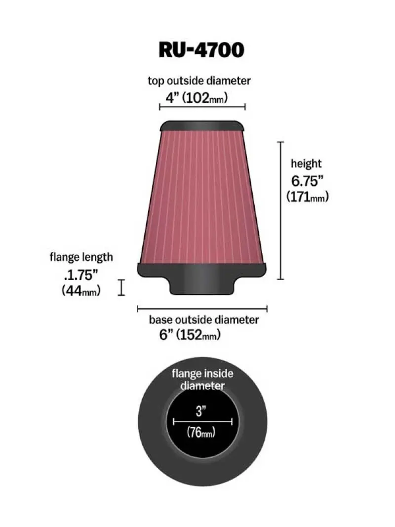 K&N KNNRU-4700 Universal Tapered Filter 3in Flange ID X 6in Base OD X 4in Top OD X 6.75in Height №11