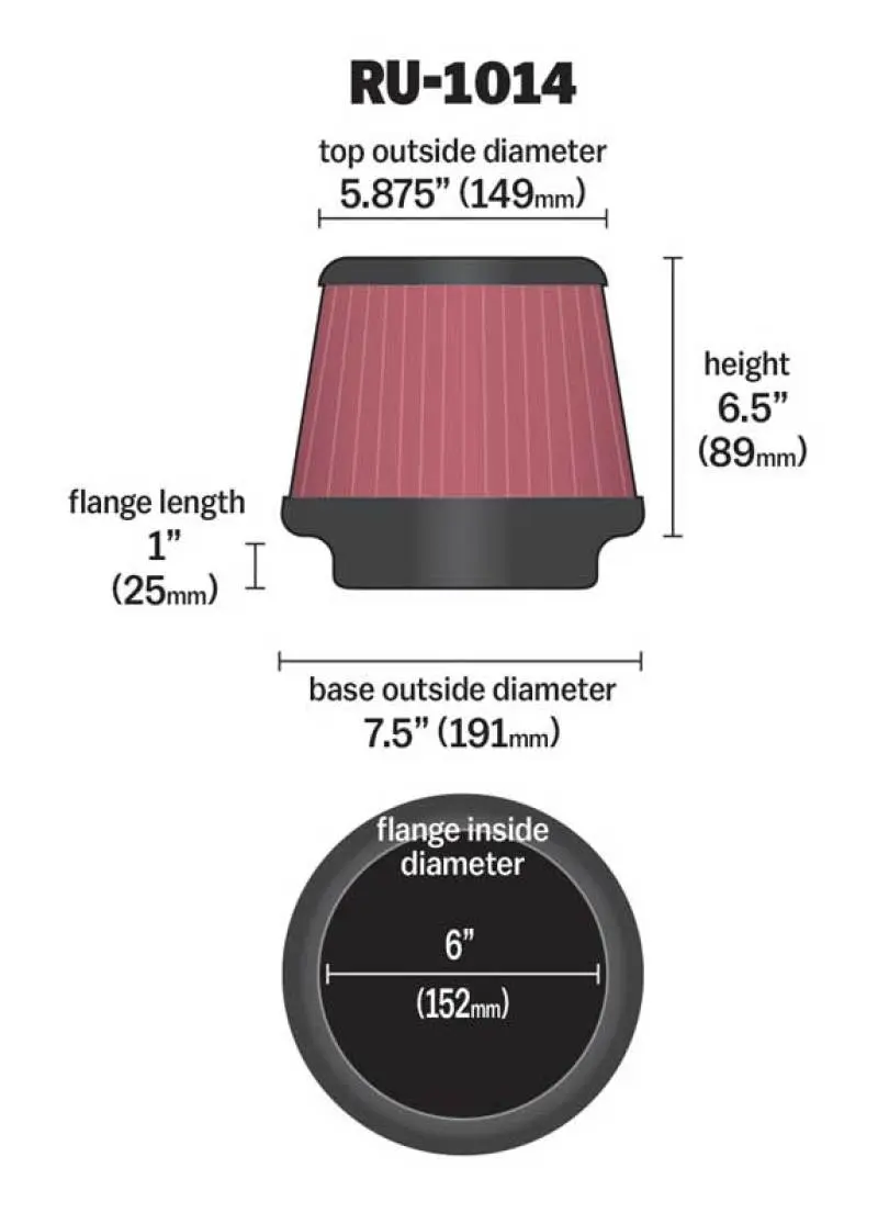 K&N KNNRU-1014 Universal Tapered Filter 6in Flange ID X 7.5in Base OD X 5.875in Top OD X 6.5in Height №5