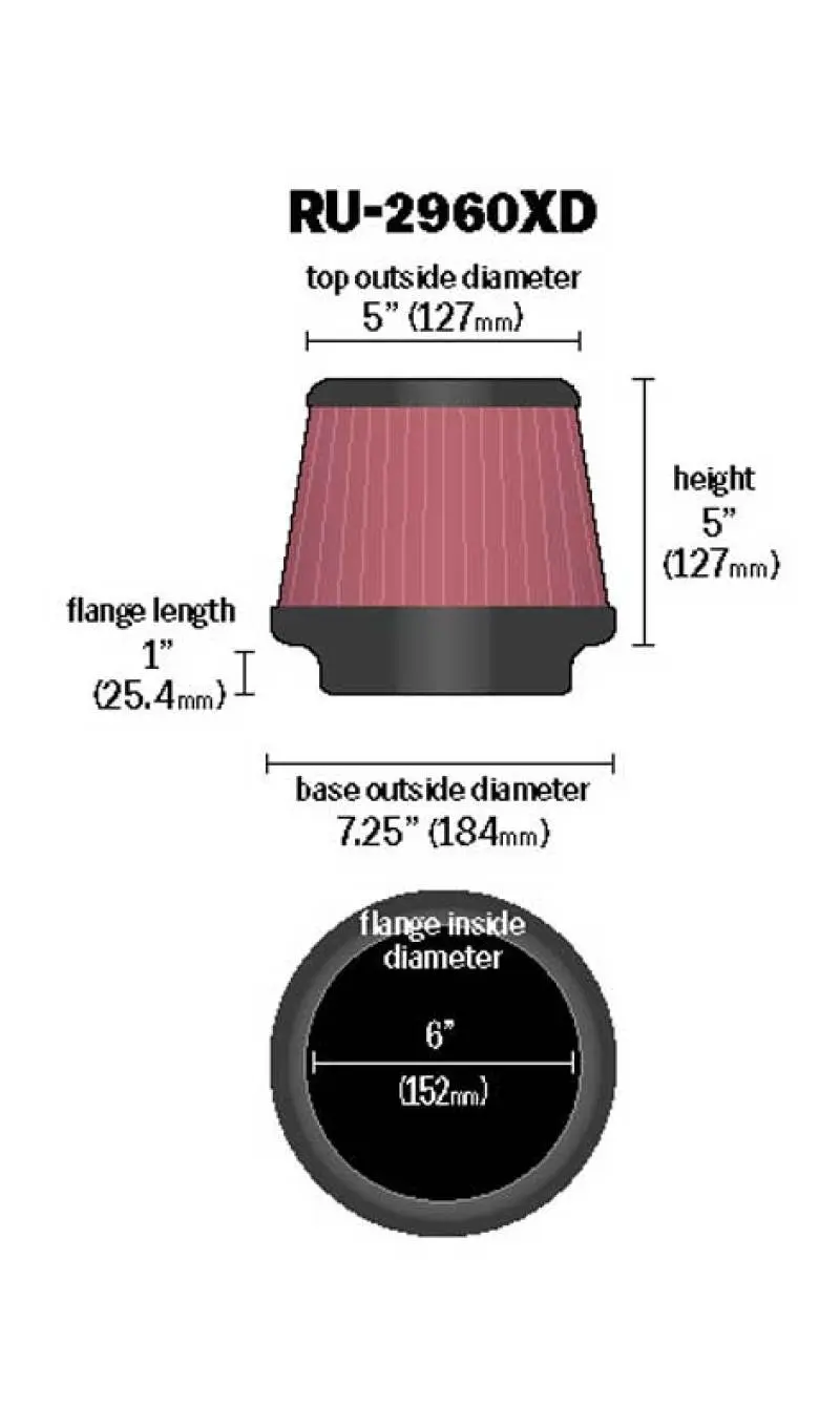 K&N KNNRU-2960XD Universal Tapered Filter 6in Flange ID X 7.5in Base OD X 5in Top OD X 5in Height №12